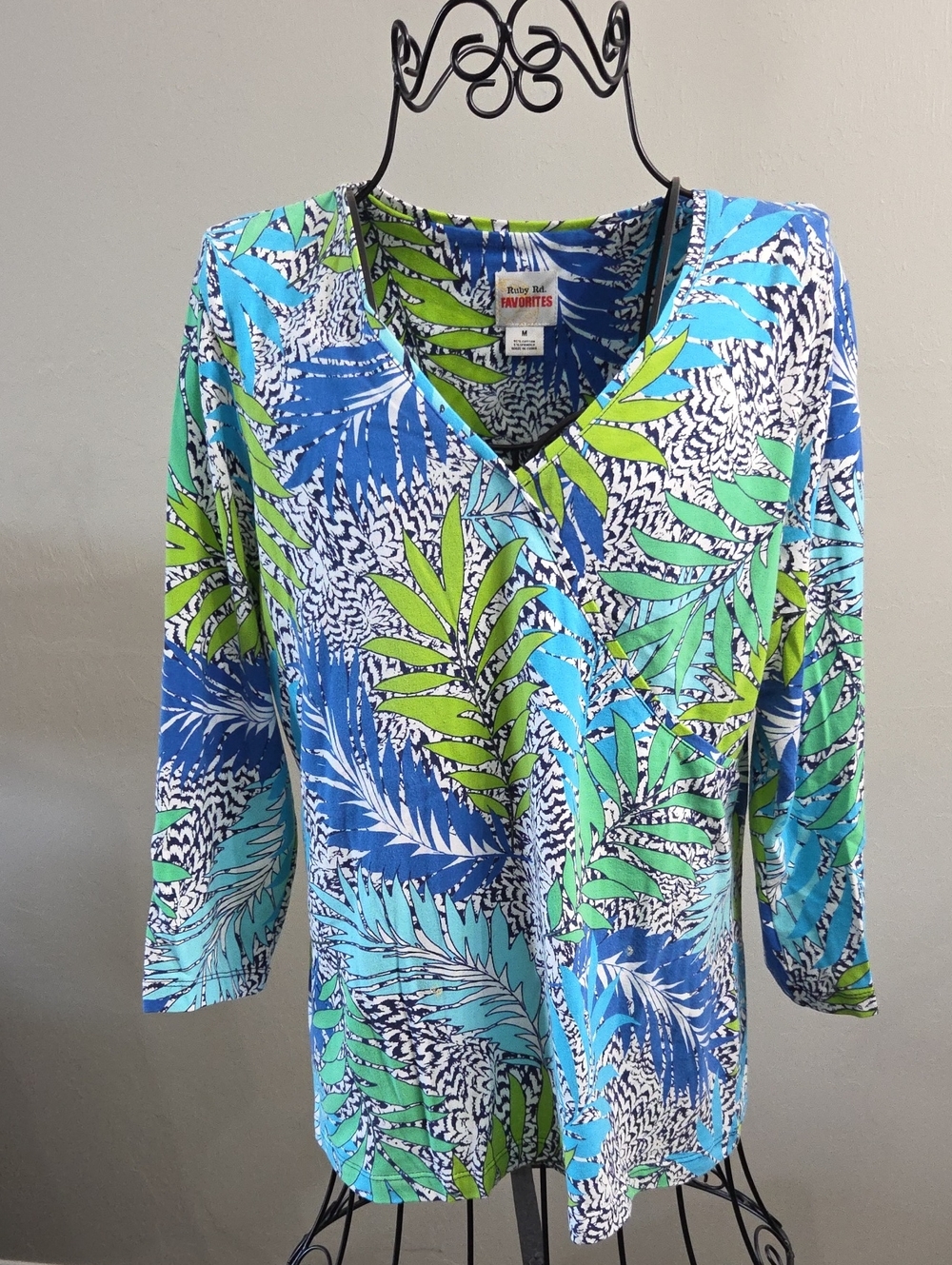 Ruby Rd. Blue & Lime Green Tropical Print Top